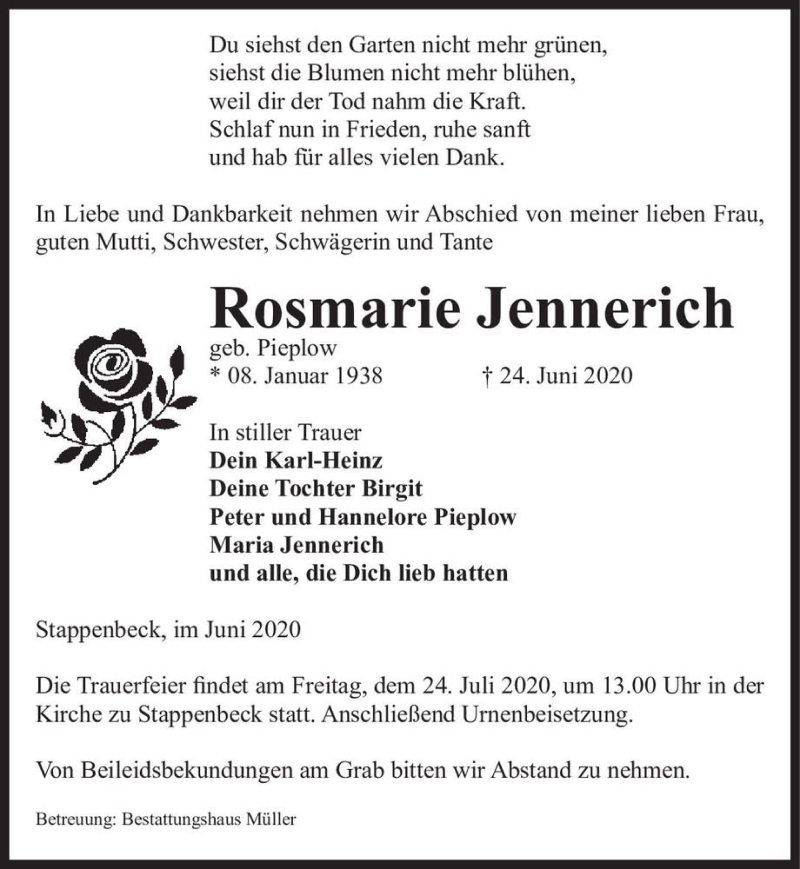  Traueranzeige für Rosmarie Jennerich (geb. Pieplow)  vom 01.07.2020 aus Magdeburger Volksstimme