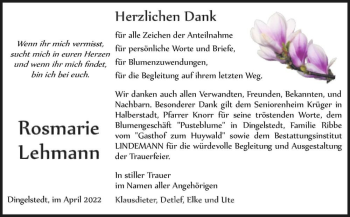 Traueranzeige von Rosmarie Lehmann  von Magdeburger Volksstimme