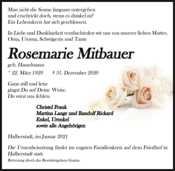Traueranzeige von Rosmarie Mitbauer (geb. Hasselmann)  von Magdeburger Volksstimme