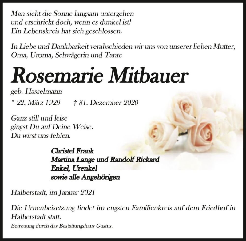  Traueranzeige für Rosmarie Mitbauer (geb. Hasselmann)  vom 09.01.2021 aus Magdeburger Volksstimme