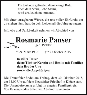Traueranzeige von Rosmarie Panser (geb. Pickler)  von Magdeburger Volksstimme