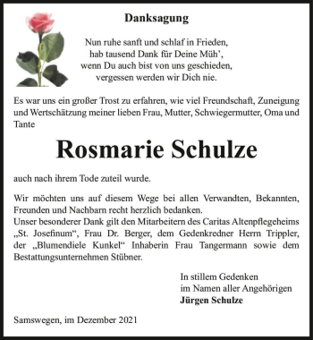 Traueranzeige von Rosmarie Schulze  von Magdeburger Volksstimme