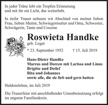 Traueranzeige von Roswieta Handke (geb. Luger)  von Magdeburger Volksstimme