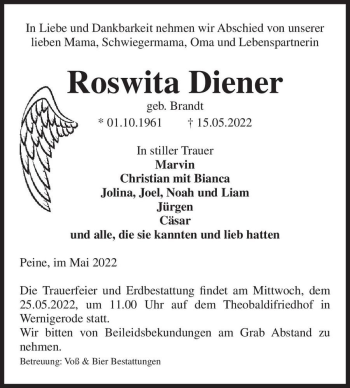 Traueranzeige von Roswita Diener (geb. Brandt)  von Magdeburger Volksstimme