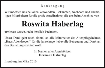 Traueranzeige von Roswita Haberlag  von Magdeburger Volksstimme