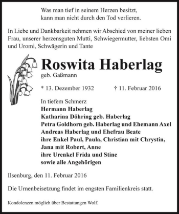 Traueranzeige von Roswita Haberlag (geb. Gaßmann)  von Magdeburger Volksstimme