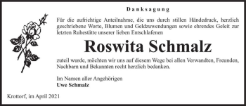 Traueranzeige von Roswita Schmalz  von Magdeburger Volksstimme