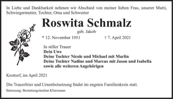 Traueranzeige von Roswita Schmalz (geb. Jakob)  von Magdeburger Volksstimme