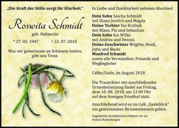 Traueranzeige von Roswita Schmidt (geb. Helmecke)  von Magdeburger Volksstimme