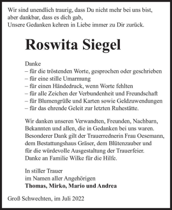 Traueranzeige von Roswita Siegel  von Magdeburger Volksstimme