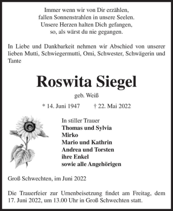 Traueranzeige von Roswita Siegel (geb. Weiß)  von Magdeburger Volksstimme