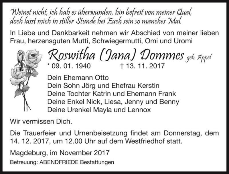  Traueranzeige für Roswitha (Jana) Dommes (geb. Appel)  vom 25.11.2017 aus Magdeburger Volksstimme