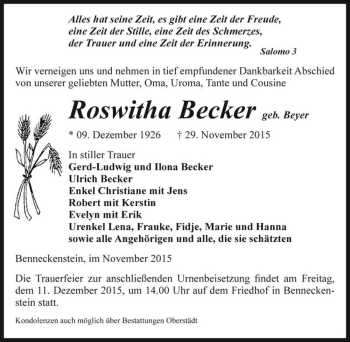 Traueranzeige von Roswitha Becker (geb. Beyer)  von Magdeburger Volksstimme