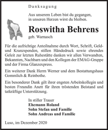 Traueranzeige von Roswitha Behrens (geb. Warnasch)  von Magdeburger Volksstimme