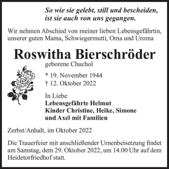 Traueranzeige von Roswitha Bierschröder (geb. Chuchol)  von Magdeburger Volksstimme