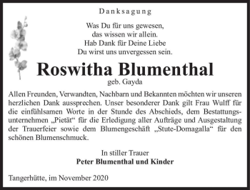 Traueranzeige von Roswitha Blumenthal (geb. Gayda)  von Magdeburger Volksstimme