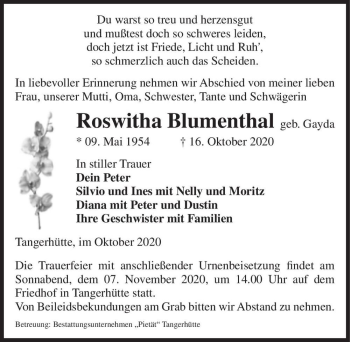 Traueranzeige von Roswitha Blumenthal (geb. Gayda)  von Magdeburger Volksstimme