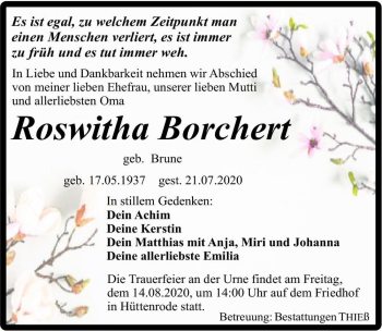 Traueranzeige von Roswitha Borchert (geb. Brune)  von Magdeburger Volksstimme
