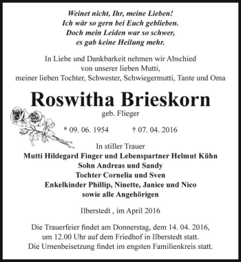 Traueranzeige von Roswitha Brieskorn (geb. Flieger)  von Magdeburger Volksstimme