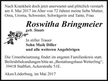 Traueranzeige von Roswitha Bringmeier (geb. Staats)  von Magdeburger Volksstimme