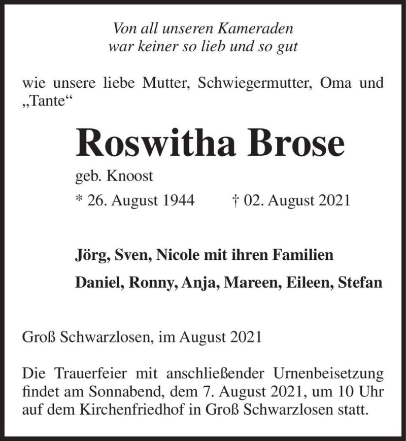  Traueranzeige für Roswitha Brose (geb. Knoost)  vom 04.08.2021 aus Magdeburger Volksstimme