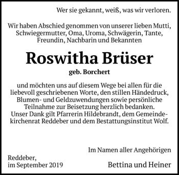 Traueranzeige von Roswitha Brüser (geb. Borchert)  von Magdeburger Volksstimme