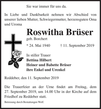 Traueranzeige von Roswitha Brüser (geb. Borchert)  von Magdeburger Volksstimme