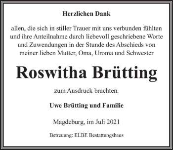 Traueranzeige von Roswitha Brütting  von Magdeburger Volksstimme