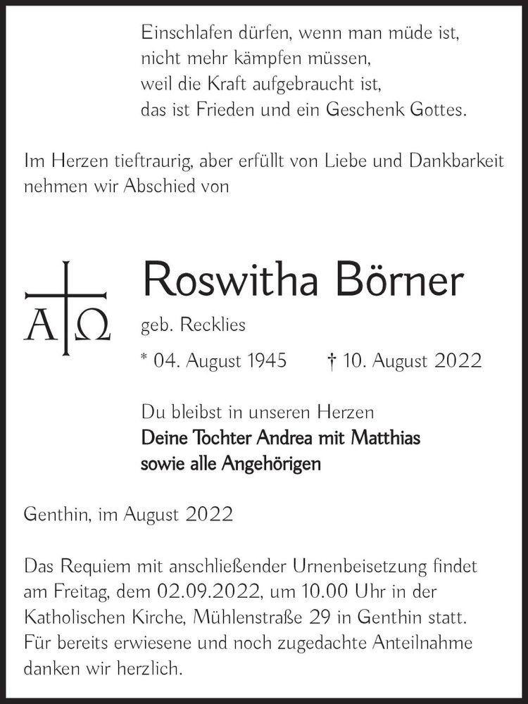  Traueranzeige für Roswitha Börner (geb. Recklies)  vom 20.08.2022 aus Magdeburger Volksstimme