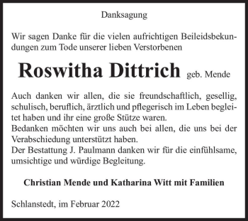 Traueranzeige von Roswitha Dittrich (geb. Mende)  von Magdeburger Volksstimme