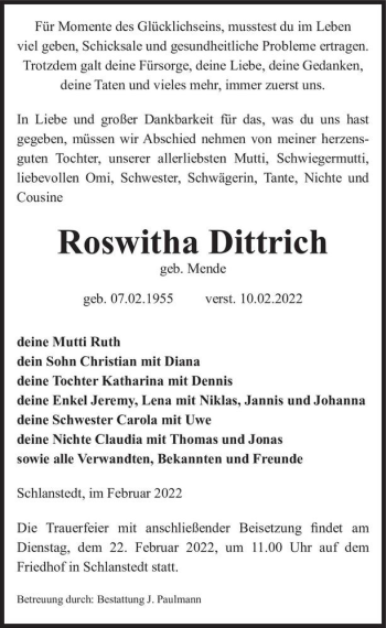 Traueranzeige von Roswitha Dittrich (geb.  Mende)  von Magdeburger Volksstimme