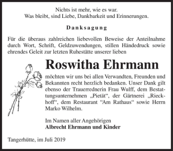 Traueranzeige von Roswitha Ehrmann  von Magdeburger Volksstimme