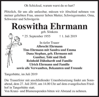 Traueranzeige von Roswitha Ehrmann (geb. Sönkens)  von Magdeburger Volksstimme
