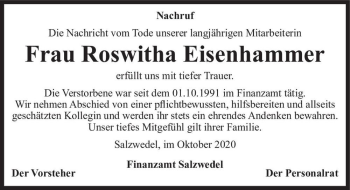 Traueranzeige von Roswitha Eisenhammer  von Magdeburger Volksstimme