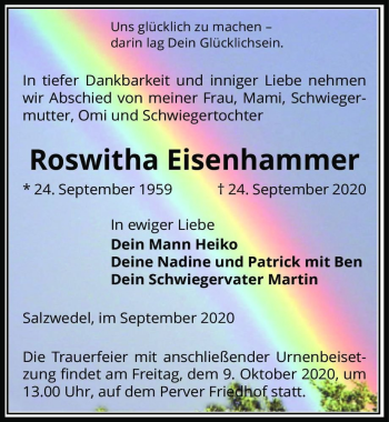 Traueranzeige von Roswitha Eisenhammer  von Magdeburger Volksstimme