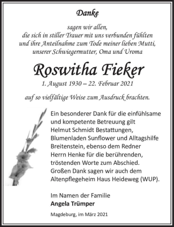 Traueranzeige von Roswitha Fieker  von Magdeburger Volksstimme