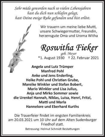 Traueranzeige von Roswitha Fieker (geb. Meyer)  von Magdeburger Volksstimme