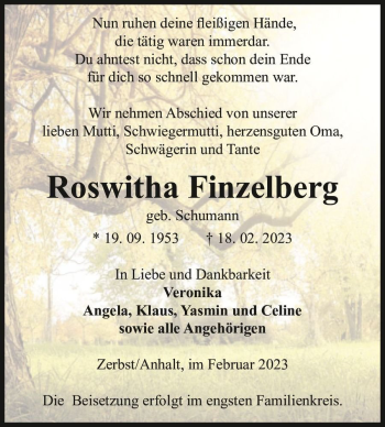 Traueranzeige von Roswitha Finzelberg (geb. Schumann)  von Magdeburger Volksstimme