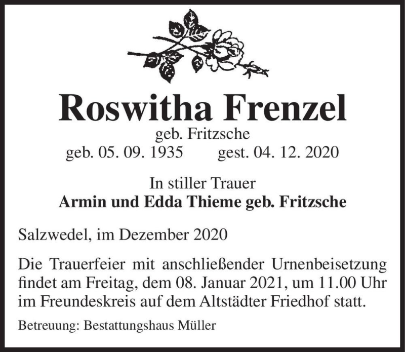  Traueranzeige für Roswitha Frenzel (geb. Fritzsche)  vom 12.12.2020 aus Magdeburger Volksstimme