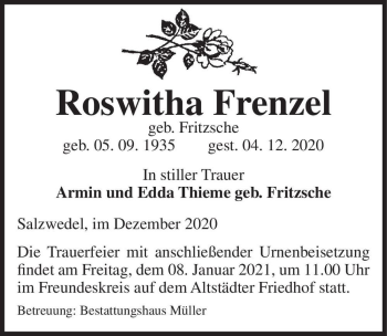 Traueranzeige von Roswitha Frenzel (geb. Fritzsche)  von Magdeburger Volksstimme