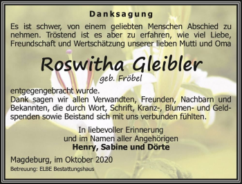 Traueranzeige von Roswitha Gleibler (geb. Fröbel)  von Magdeburger Volksstimme