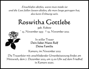 Traueranzeige von Roswitha Gottlebe (geb. Kobow)  von Magdeburger Volksstimme