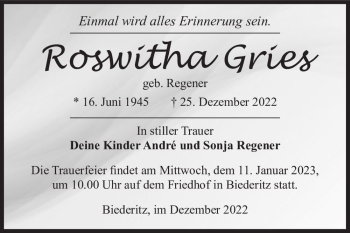 Traueranzeige von Roswitha Gries (geb. Regener)  von Magdeburger Volksstimme