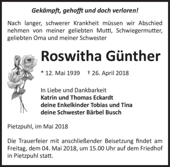 Traueranzeige von Roswitha Günther  von Magdeburger Volksstimme