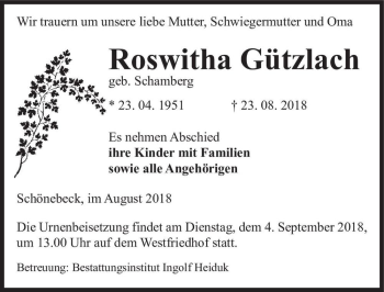 Traueranzeige von Roswitha Gützlach (geb. Schamberg)  von Magdeburger Volksstimme