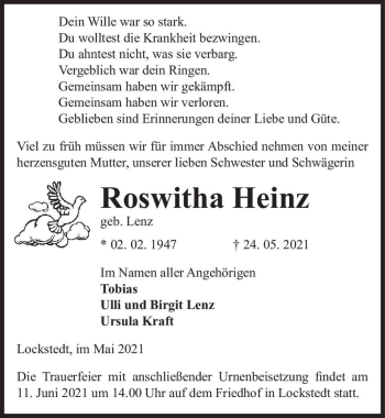 Traueranzeige von Roswitha Heinz (geb. Lenz)  von Magdeburger Volksstimme
