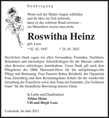 Traueranzeige von Roswitha Heinz (geb. Lenz)  von Magdeburger Volksstimme