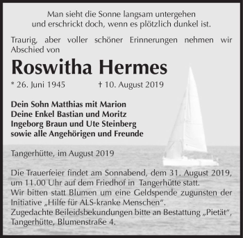 Traueranzeige von Roswitha Hermes  von Magdeburger Volksstimme