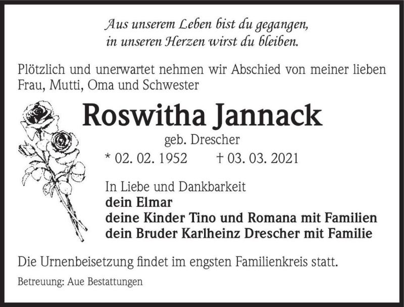  Traueranzeige für Roswitha Jannack (geb. Drescher)  vom 20.03.2021 aus Magdeburger Volksstimme