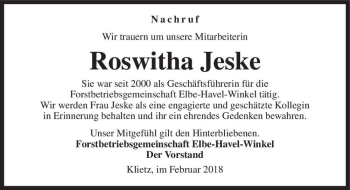 Traueranzeige von Roswitha Jeske  von Magdeburger Volksstimme